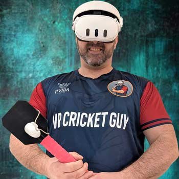 VR Cricket Guy holding a VR Cricket Bat and wearing Meta Quest 3 on his face.