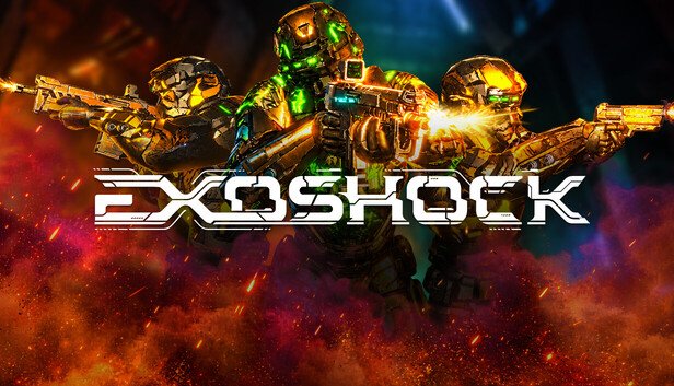 EXOSHOCK early access key art showing the co-op sci-fi VR shooter