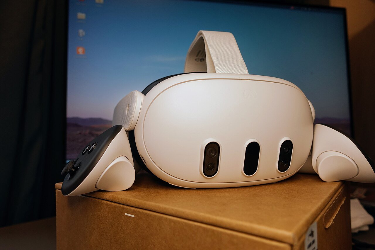 Meta Quest 3 virtual reality headset front view on a surface